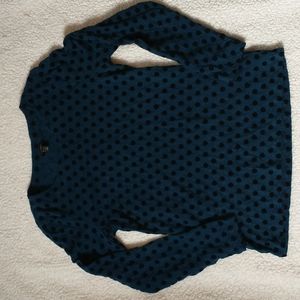 Womens' Long Sleeve Navy Black Velvet Polka Dot Shirt